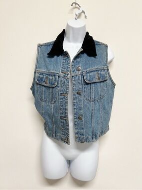 Pasta Womens Vintage Medium Wash Denim Vest with Black Corduroy Collar Size S